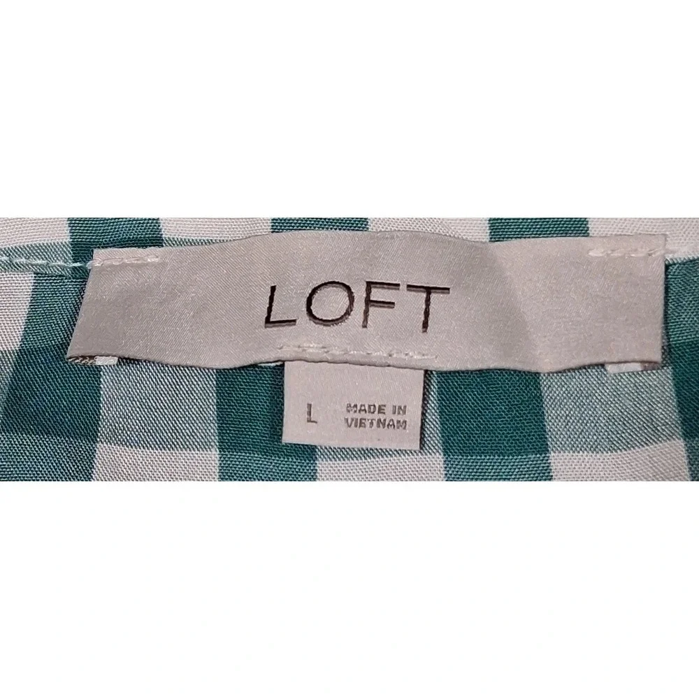 LOFT‎ Womens Green Gingham Puff Sleeve Peplum Wrap Top Size L V-Neck Tie Side